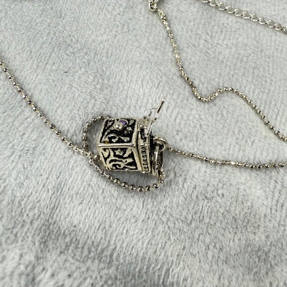 Silver-Tone Prayer Box Locket Necklace Ornate Etching & Purple Gemstone Accents - Picture 13 of 16